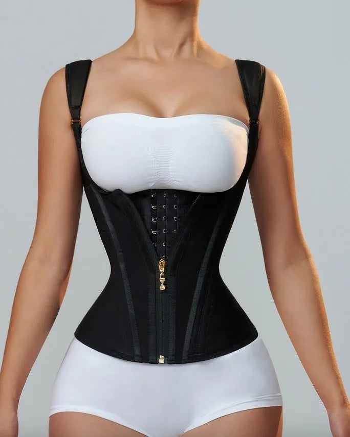 Gaine Gilet Sablier Post-Opératoire Noir Avec Double Compression Et Effet Taille De Guêpe