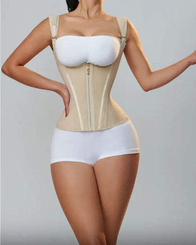 Gilet-ceinture post-opératoire beige avec double compression, effet taille de guêpier